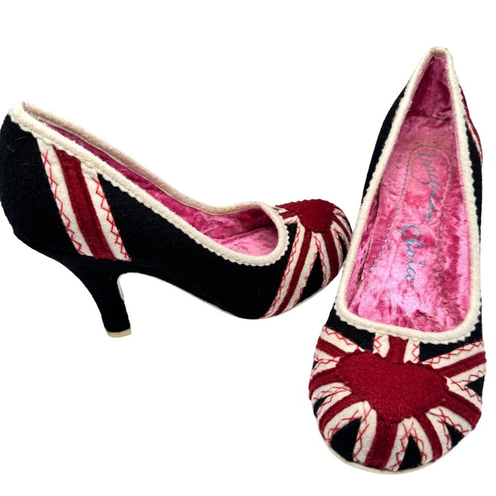 Irregular Choice Women’s Patty Black Union Jack Heart Heels Sz EUR 37 US 6.5 - 7 - Picture 1 of 16